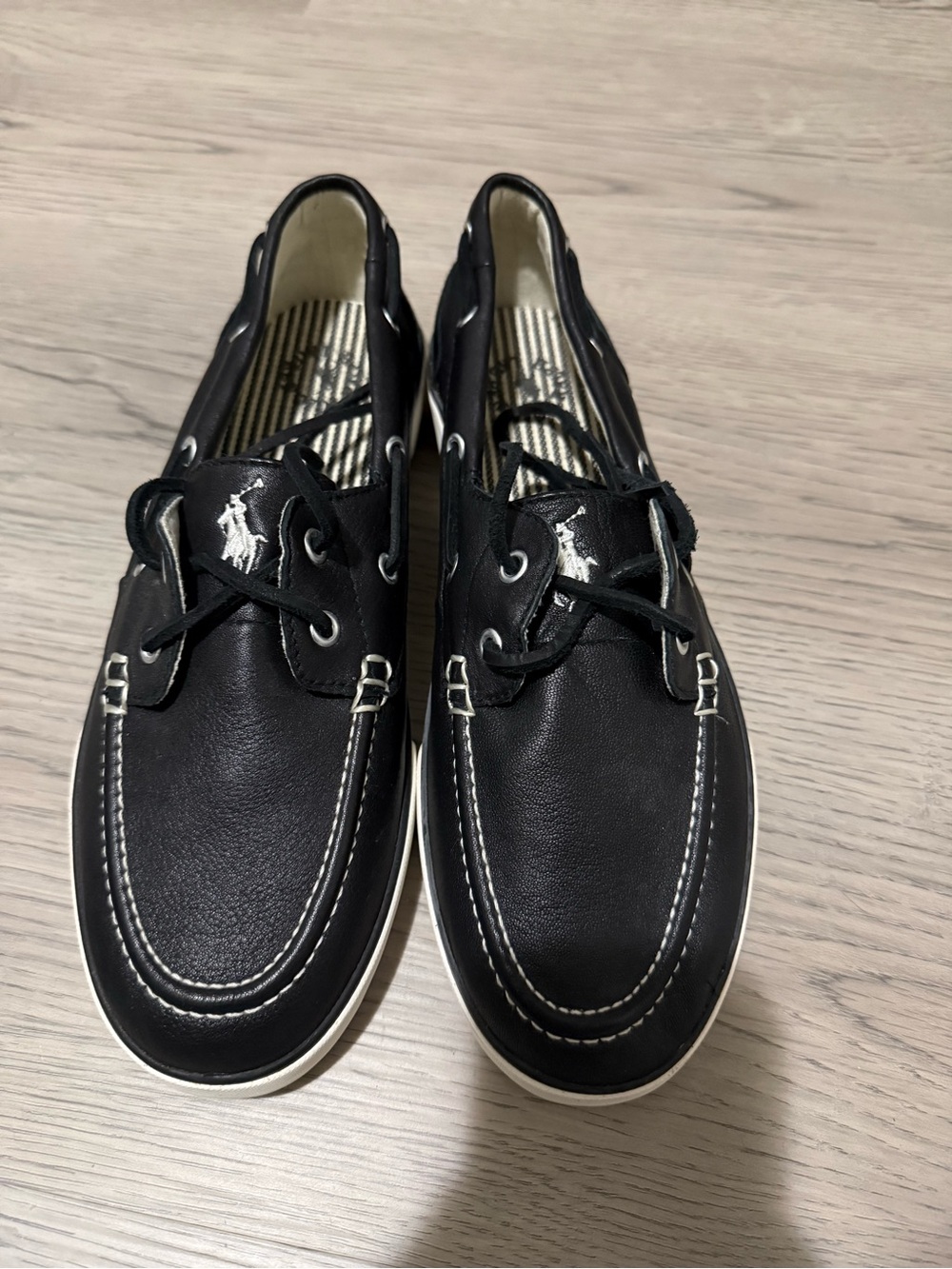 Polo Ralph Lauren Sander Leather Boat Shoes Black Size 9D NWOB Moc Toe Casual